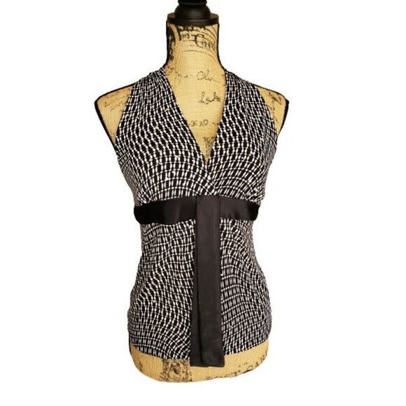 Women's Black and White Satin Halter Top Stretch Dressy Blouse Large - Picture 1 of 7